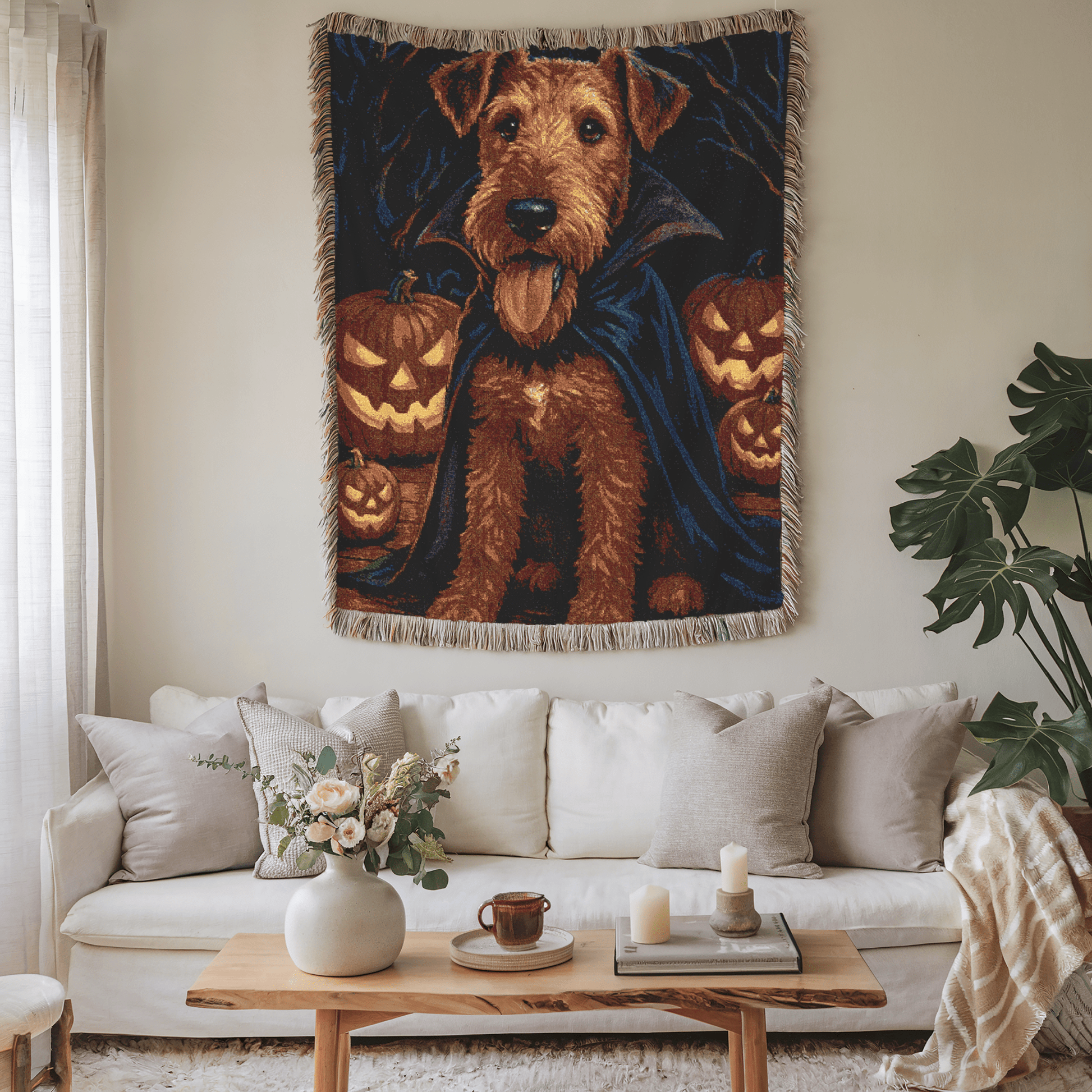 Printify Home Decor Woven Blanket, Airedale Terrier Halloween Dog Lovers, Decor Throw, Fall Decoration, Spooky Dog Owner Gift, Cozy Sofa Blanket, Home Accent