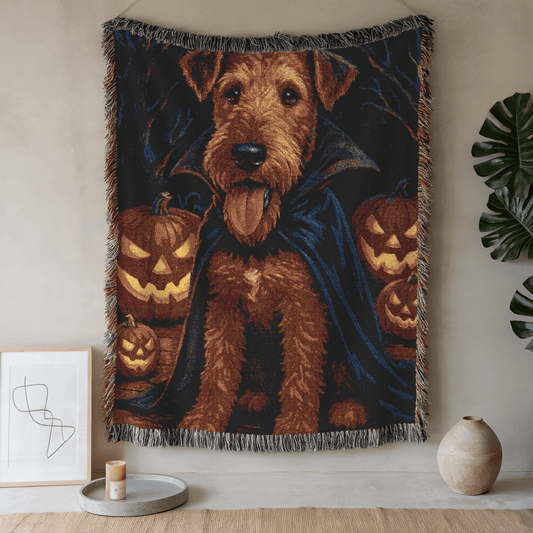 Printify Home Decor Woven Blanket, Airedale Terrier Halloween Dog Lovers, Decor Throw, Fall Decoration, Spooky Dog Owner Gift, Cozy Sofa Blanket, Home Accent