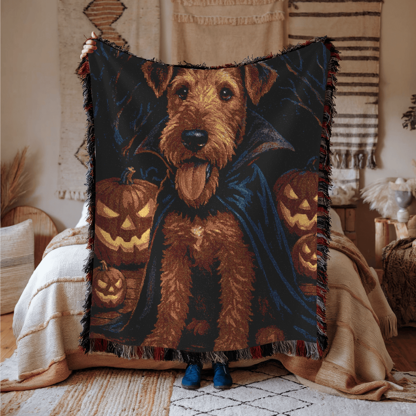 Printify Home Decor Woven Blanket, Airedale Terrier Halloween Dog Lovers, Decor Throw, Fall Decoration, Spooky Dog Owner Gift, Cozy Sofa Blanket, Home Accent