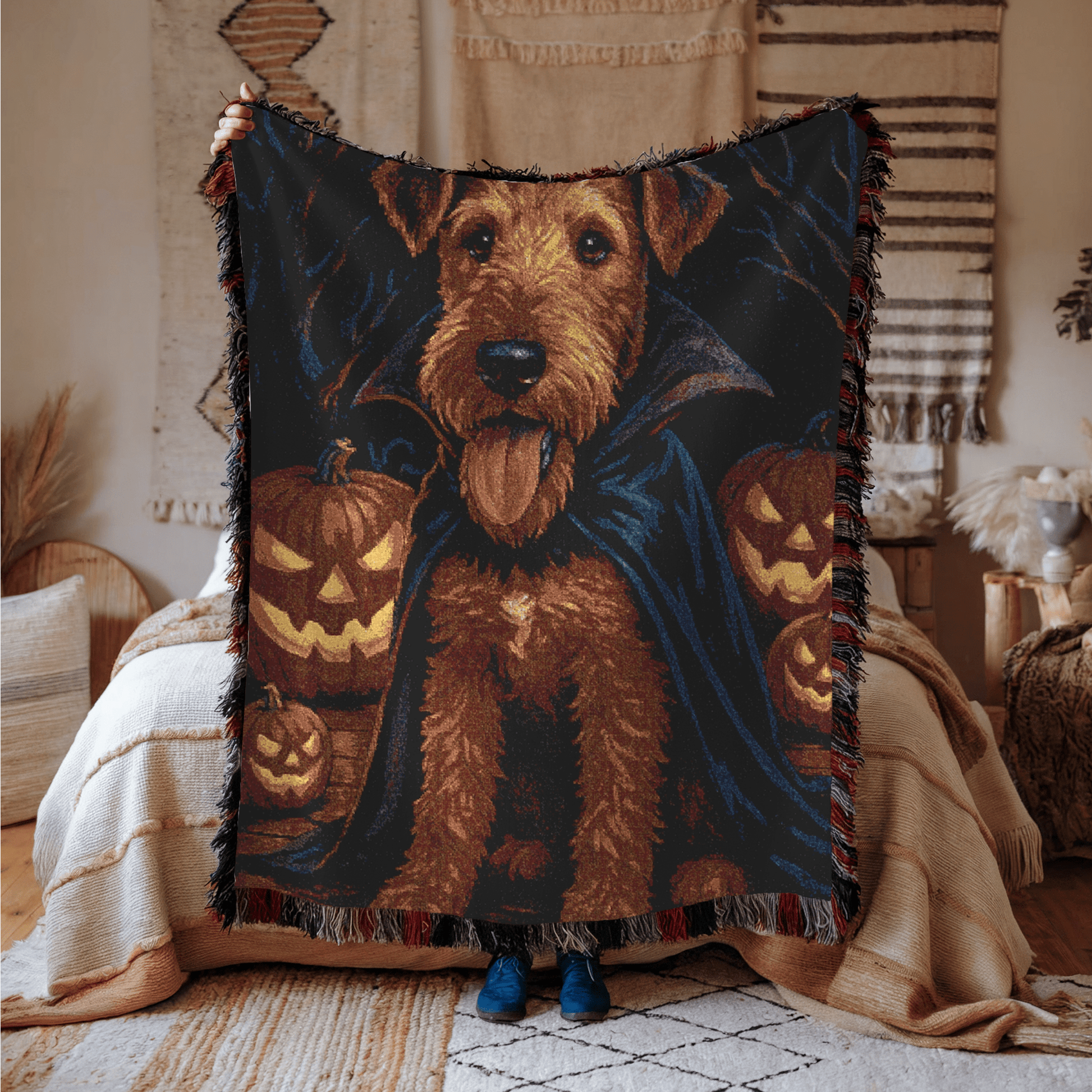Printify Home Decor Woven Blanket, Airedale Terrier Halloween Dog Lovers, Decor Throw, Fall Decoration, Spooky Dog Owner Gift, Cozy Sofa Blanket, Home Accent