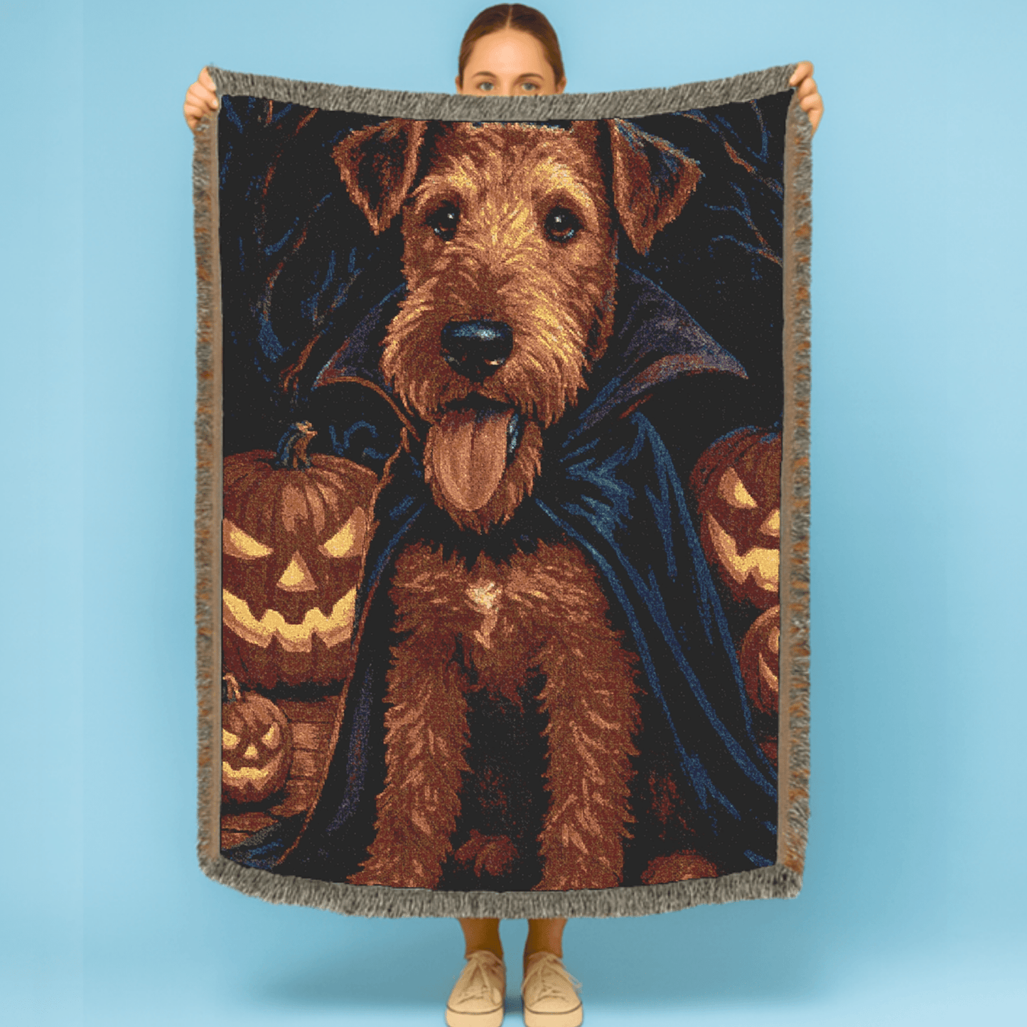 Printify Home Decor Woven Blanket, Airedale Terrier Halloween Dog Lovers, Decor Throw, Fall Decoration, Spooky Dog Owner Gift, Cozy Sofa Blanket, Home Accent
