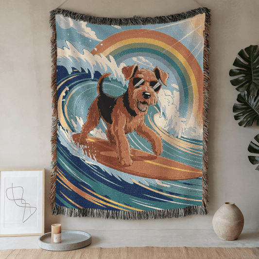 Printify Home Decor Woven Blanket, Airedale Terrier Surfing Beach Tapestry, Pink Throw