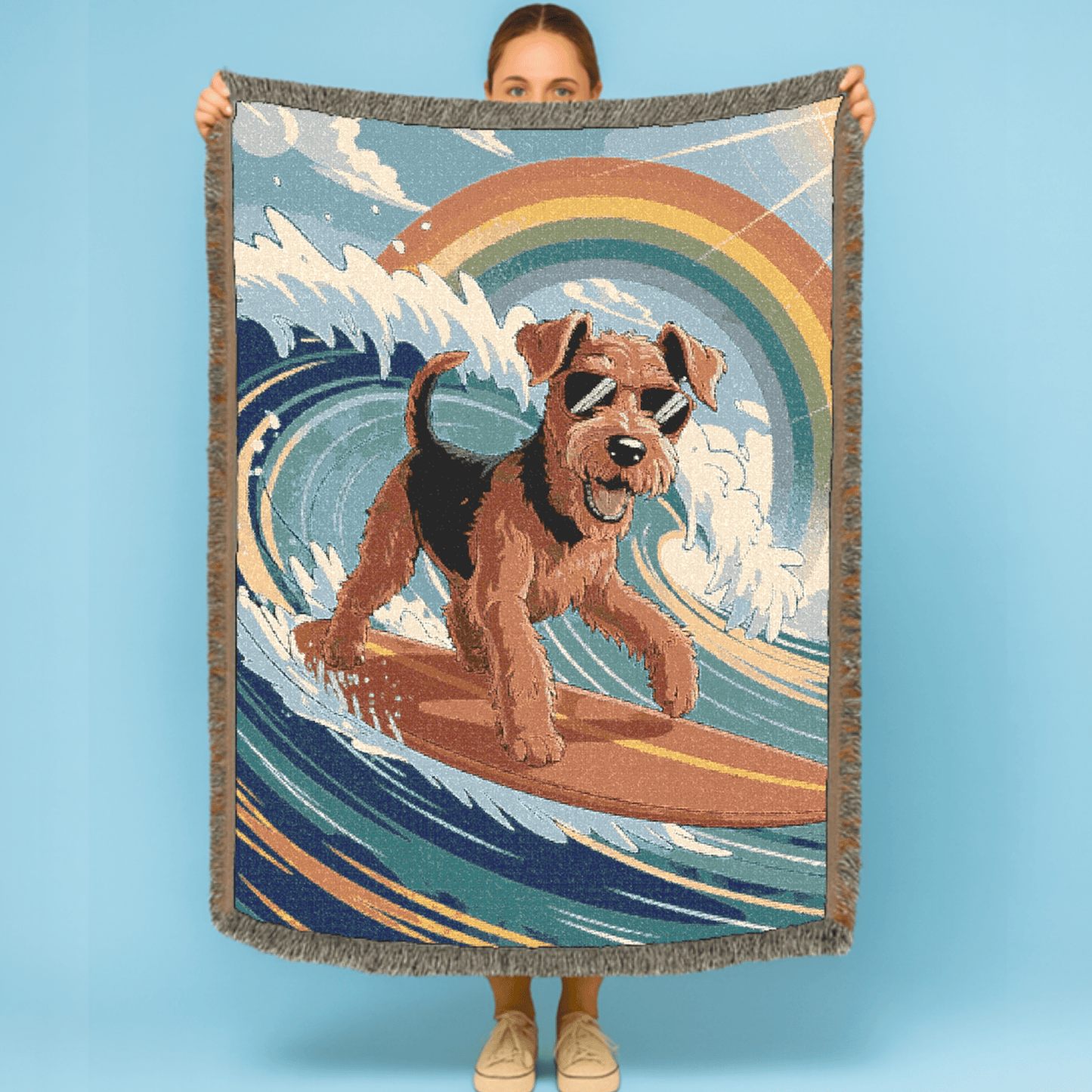 Printify Home Decor Woven Blanket, Airedale Terrier Surfing Beach Tapestry, Pink Throw