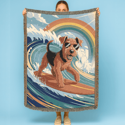 Printify Home Decor Woven Blanket, Airedale Terrier Surfing Beach Tapestry, Pink Throw