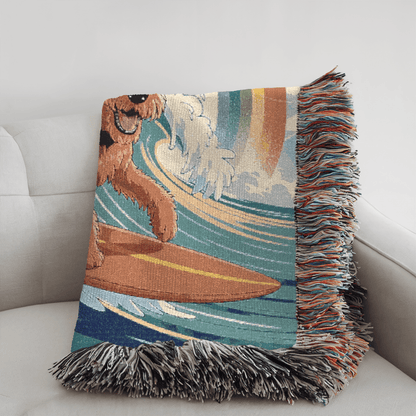 Printify Home Decor Woven Blanket, Airedale Terrier Surfing Beach Tapestry, Pink Throw