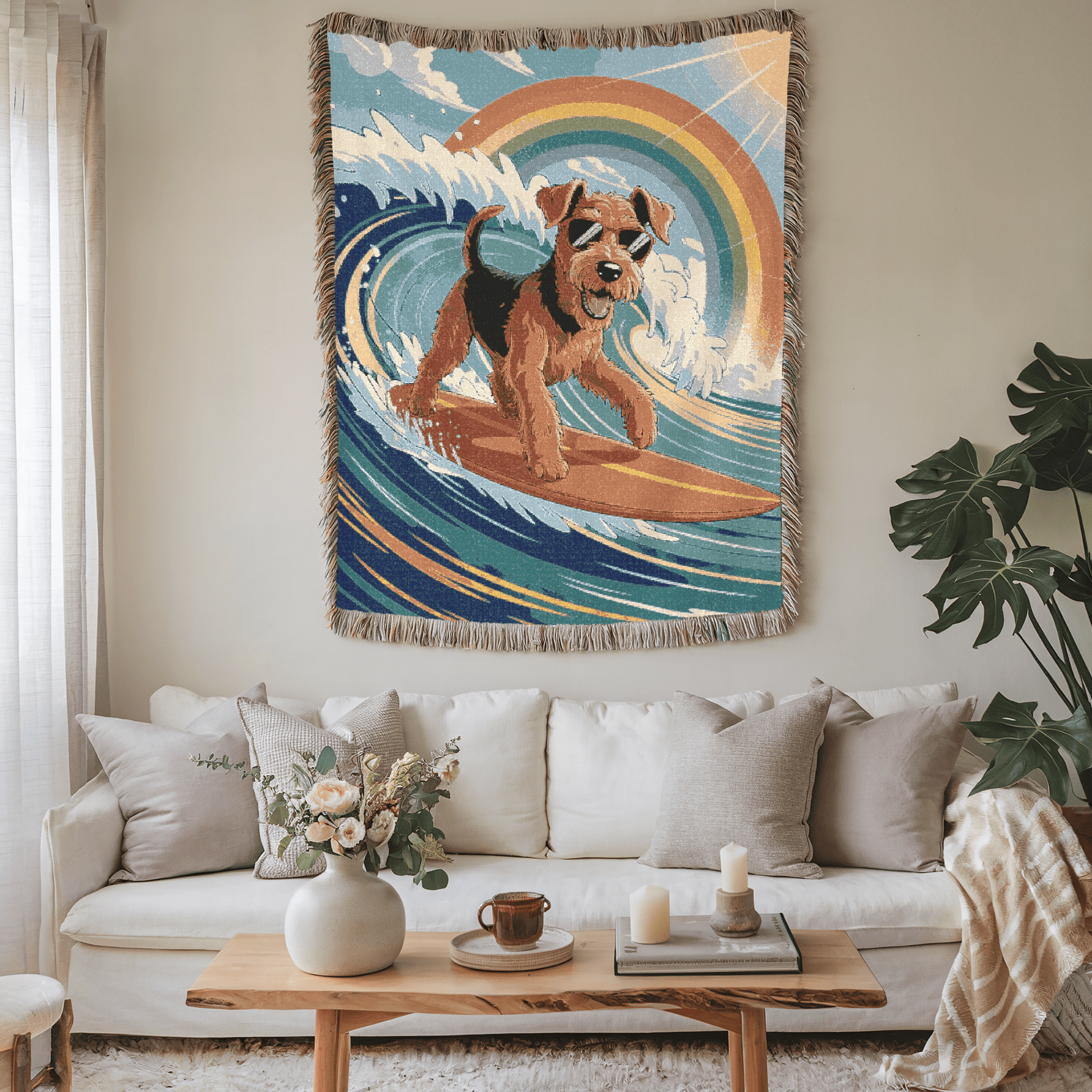 Printify Home Decor Woven Blanket, Airedale Terrier Surfing Beach Tapestry, Pink Throw