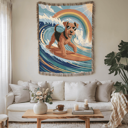 Printify Home Decor Woven Blanket, Airedale Terrier Surfing Beach Tapestry, Pink Throw