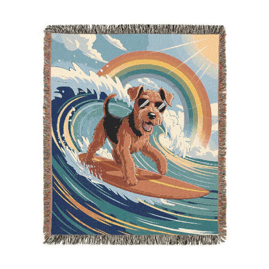 Printify Home Decor Woven Blanket, Airedale Terrier Surfing Beach Tapestry, Pink Throw