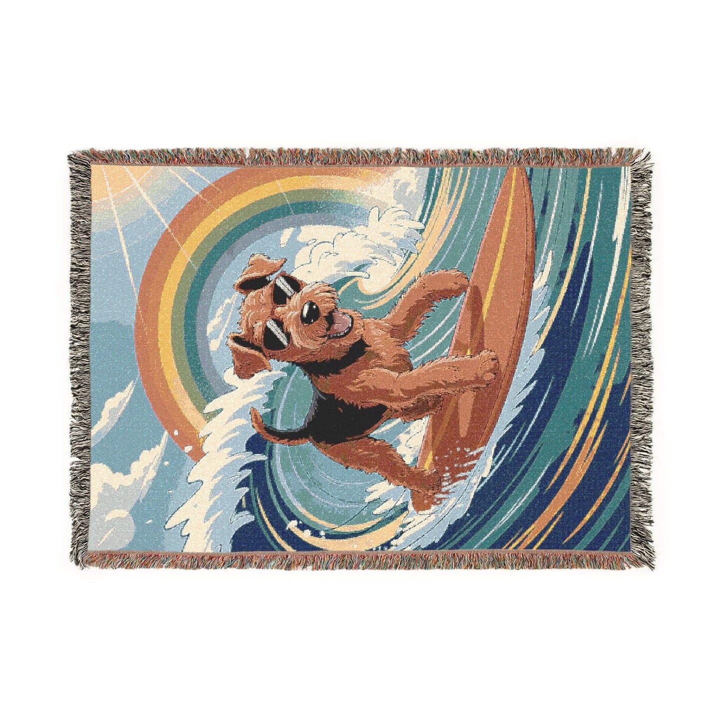 Printify Home Decor Artwork / 52'' × 37'' Woven Blanket, Airedale Terrier Surfing Beach Tapestry, Pink Throw