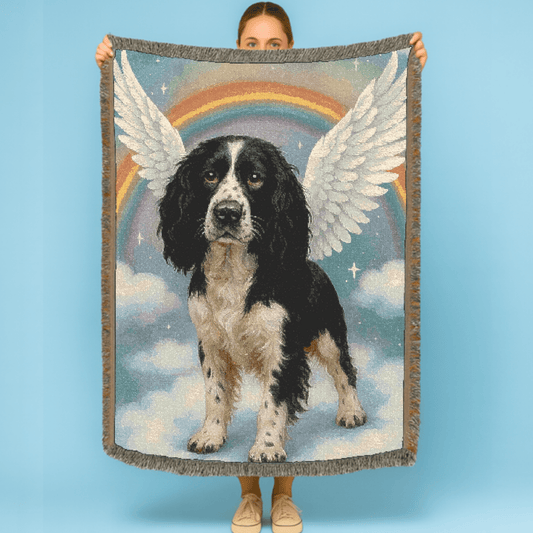 Printify Home Decor Woven Blanket Black Springer Spaniel Dog, Angel In Memory of Dog, Rainbow Bridge Memorial Gift Throw