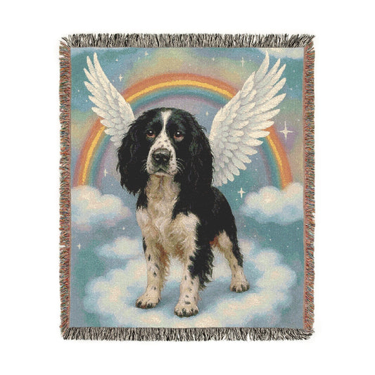 Printify Home Decor Woven Blanket Black Springer Spaniel Dog, Angel In Memory of Dog, Rainbow Bridge Memorial Gift Throw