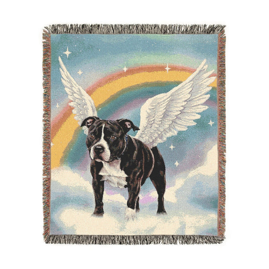 Printify Home Decor Woven Blanket, Black Staffordshire Bull Terrier Dog, Angel In Memory of Dog, Rainbow Bridge Memorial Gift