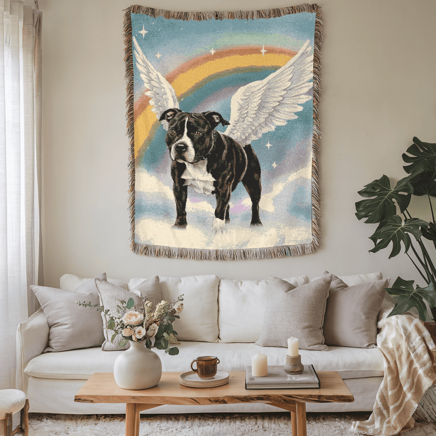 Printify Home Decor Woven Blanket, Black Staffordshire Bull Terrier Dog, Angel In Memory of Dog, Rainbow Bridge Memorial Gift