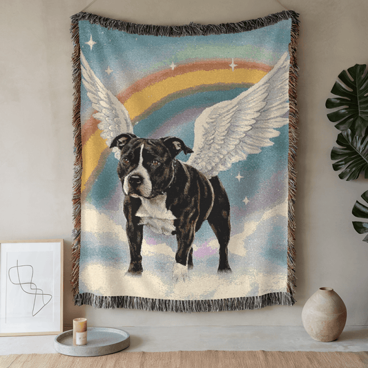 Printify Home Decor Woven Blanket, Black Staffordshire Bull Terrier Dog, Angel In Memory of Dog, Rainbow Bridge Memorial Gift