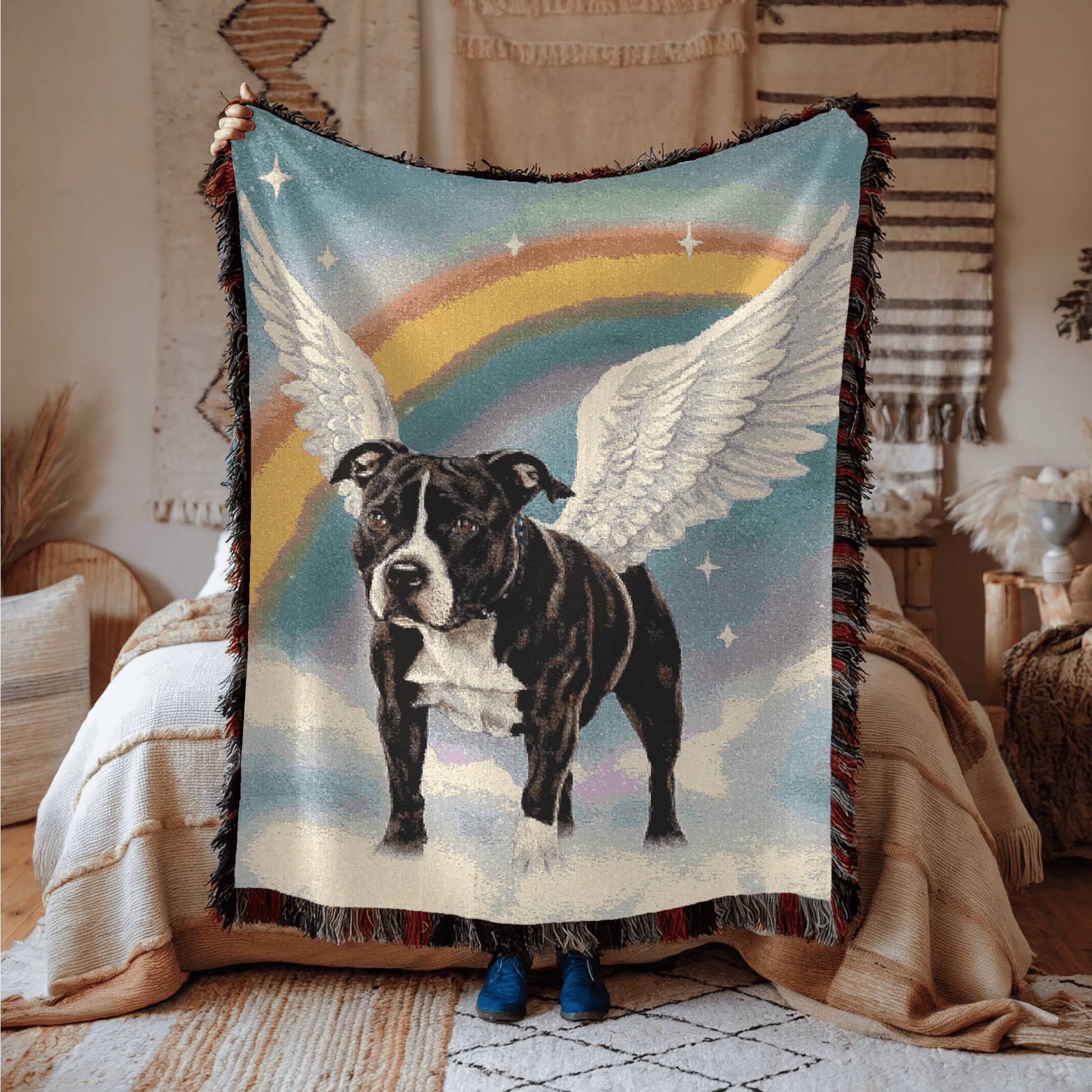 Printify Home Decor Woven Blanket, Black Staffordshire Bull Terrier Dog, Angel In Memory of Dog, Rainbow Bridge Memorial Gift