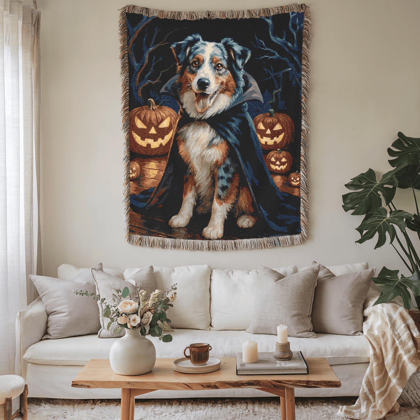 Printify Home Decor Woven Blanket, Merle Australian Shepherd Halloween Dog Lovers, Decor Throw, Fall Decoration
