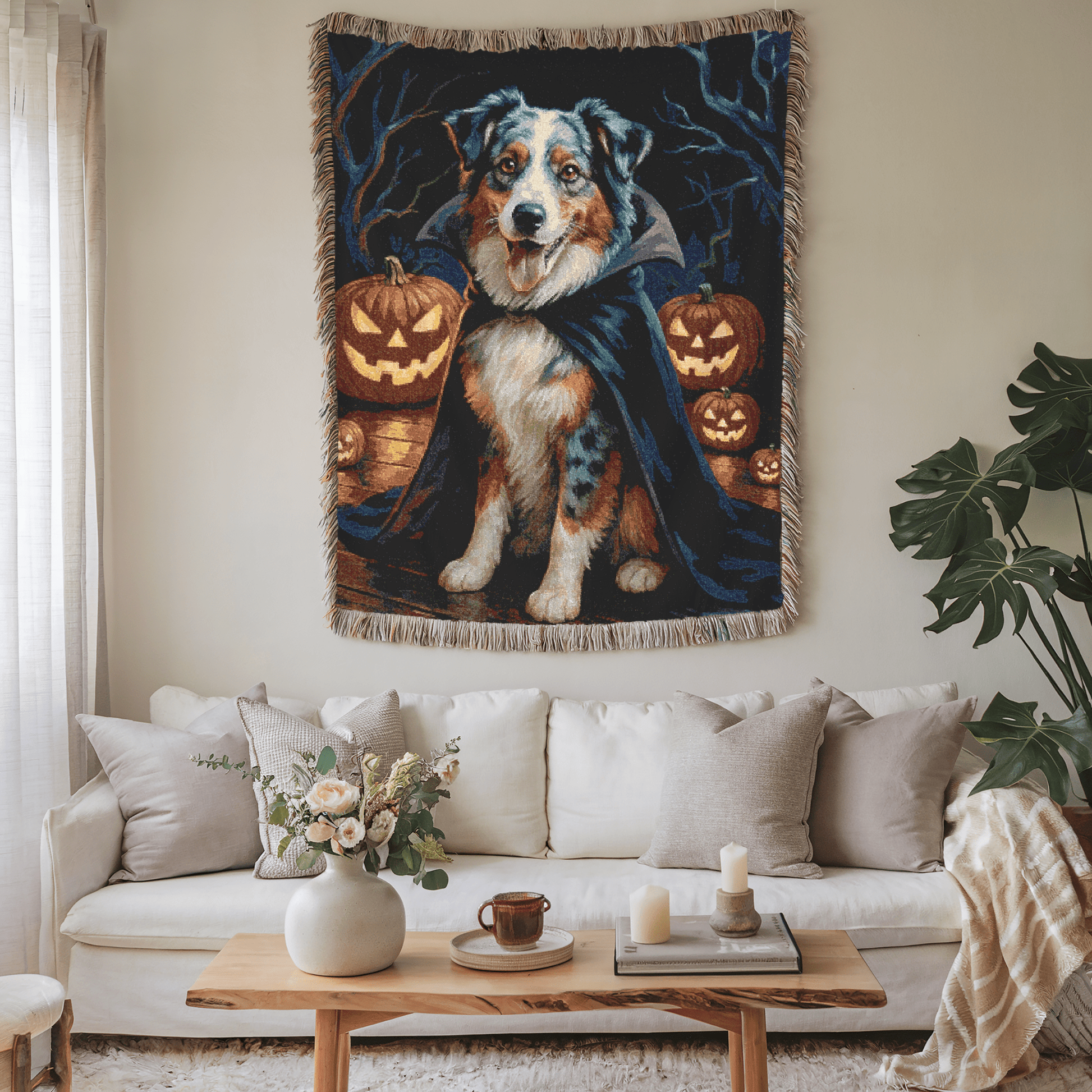 Printify Home Decor Woven Blanket, Merle Australian Shepherd Halloween Dog Lovers, Decor Throw, Fall Decoration