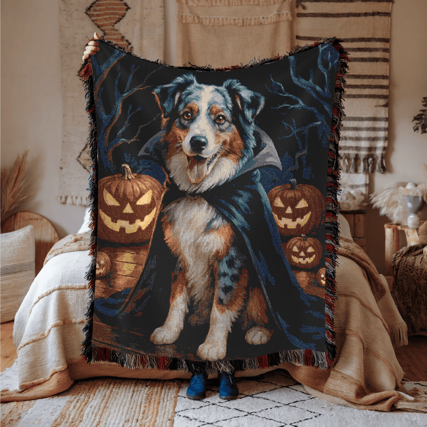 Printify Home Decor Woven Blanket, Merle Australian Shepherd Halloween Dog Lovers, Decor Throw, Fall Decoration
