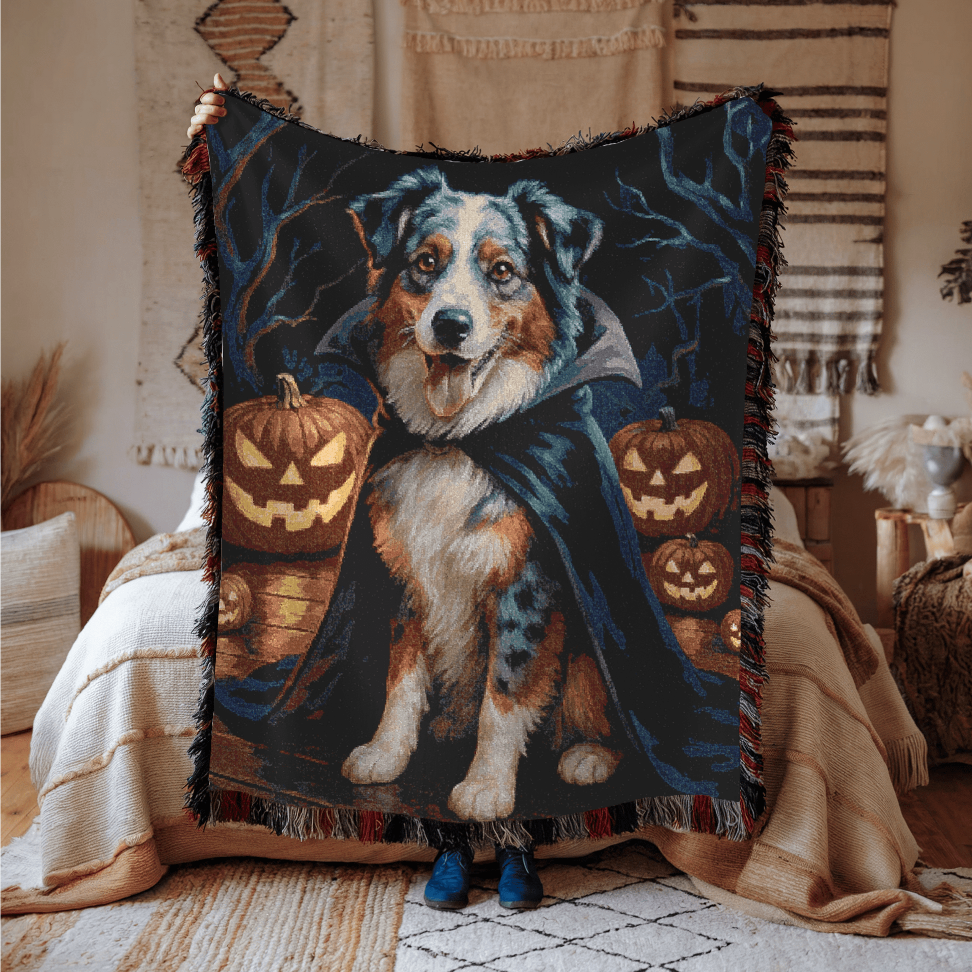 Printify Home Decor Woven Blanket, Merle Australian Shepherd Halloween Dog Lovers, Decor Throw, Fall Decoration