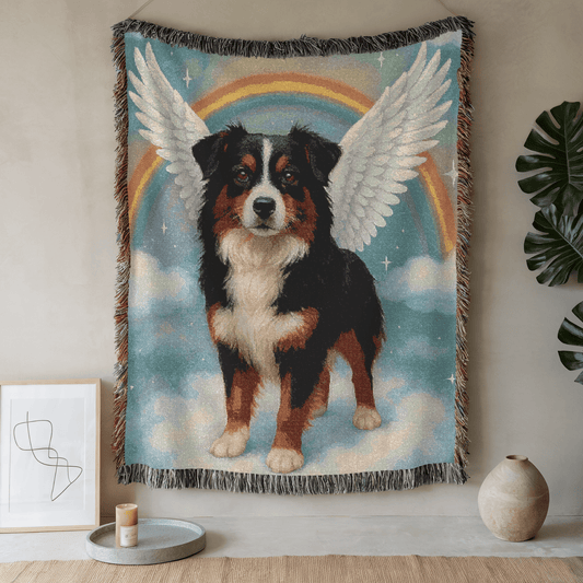 Printify Home Decor Woven Blanket, Tricolor Australian Shepherd, Angel In Memory of Dog, Rainbow Bridge Memorial Gift