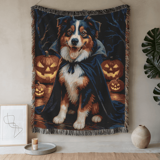 Printify Home Decor Woven Blanket, Tricolor Australian Shepherd Halloween Dog Lovers, Decor Throw, Fall Decoration