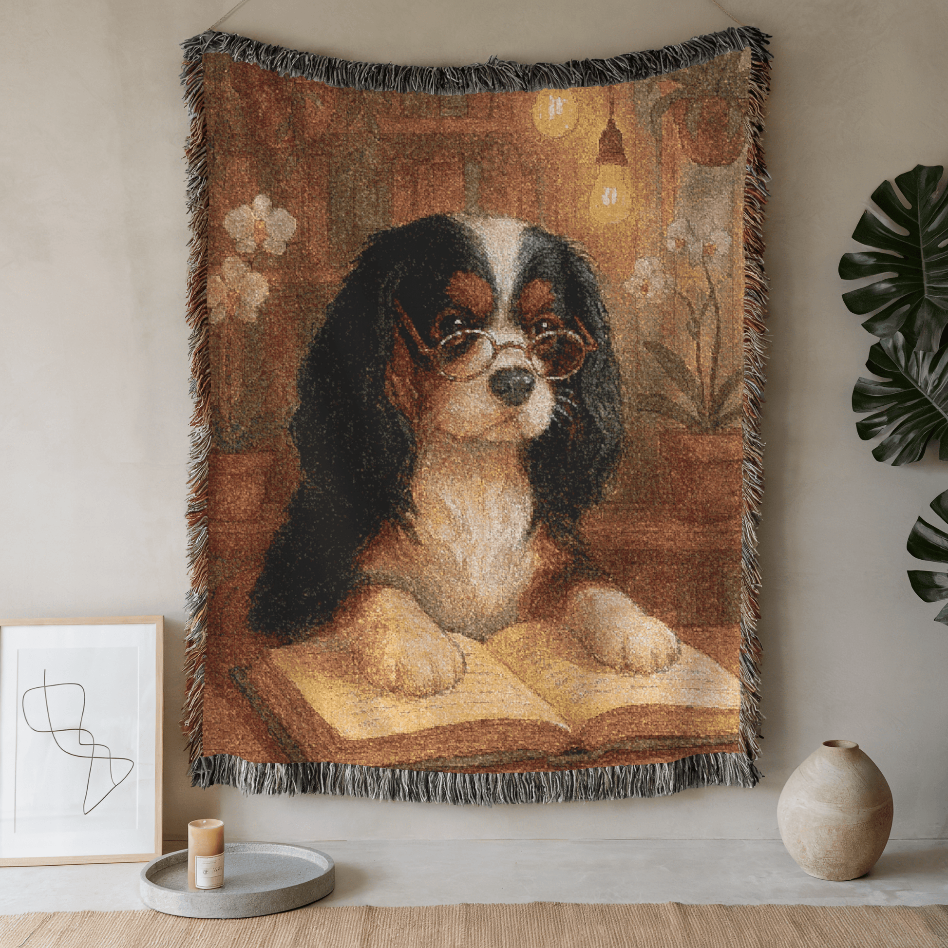 Printify Home Decor Woven Blanket, Tricolor Cavalier King Charles Spaniel Book Lover Gift, Bookish Decor, Housewarming Gift
