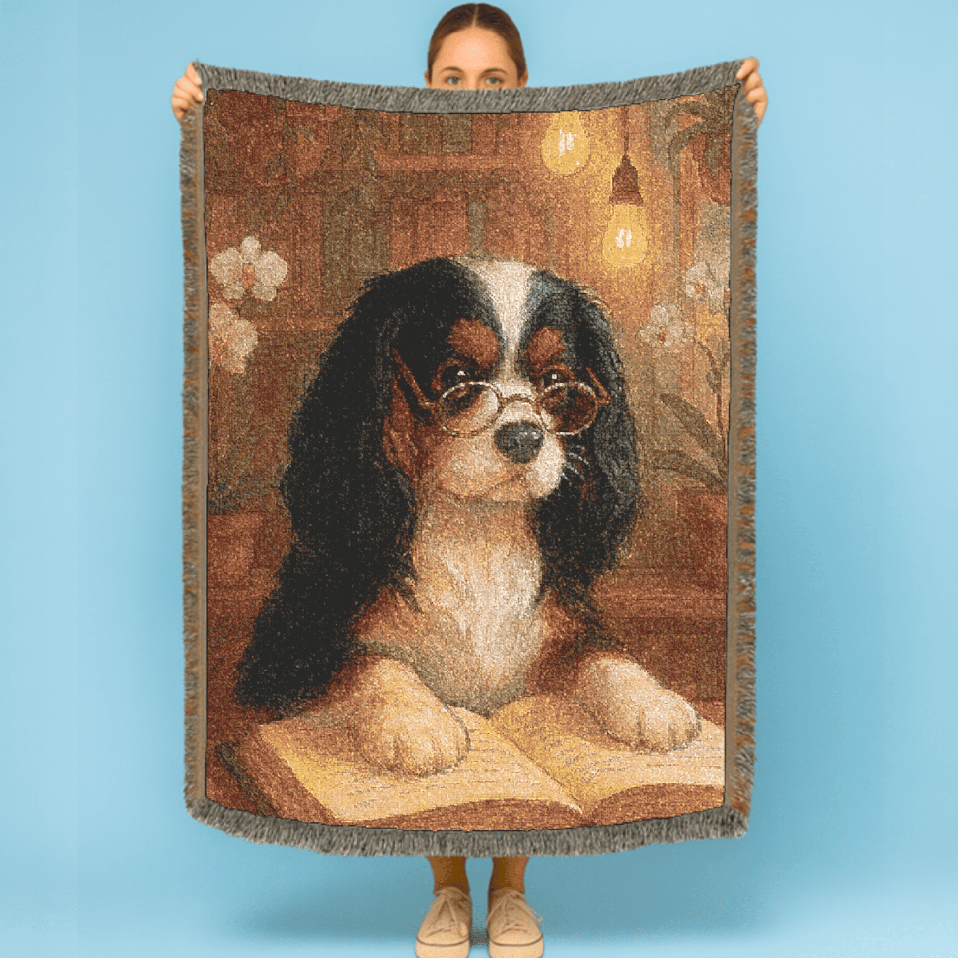 Printify Home Decor Woven Blanket, Tricolor Cavalier King Charles Spaniel Book Lover Gift, Bookish Decor, Housewarming Gift
