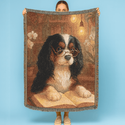 Printify Home Decor Woven Blanket, Tricolor Cavalier King Charles Spaniel Book Lover Gift, Bookish Decor, Housewarming Gift
