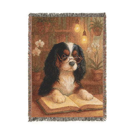 Printify Home Decor Woven Blanket, Tricolor Cavalier King Charles Spaniel Book Lover Gift, Bookish Decor, Housewarming Gift