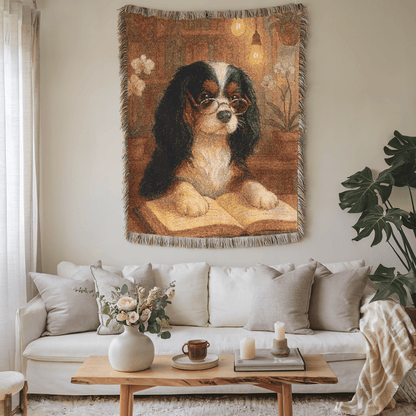 Printify Home Decor Woven Blanket, Tricolor Cavalier King Charles Spaniel Book Lover Gift, Bookish Decor, Housewarming Gift