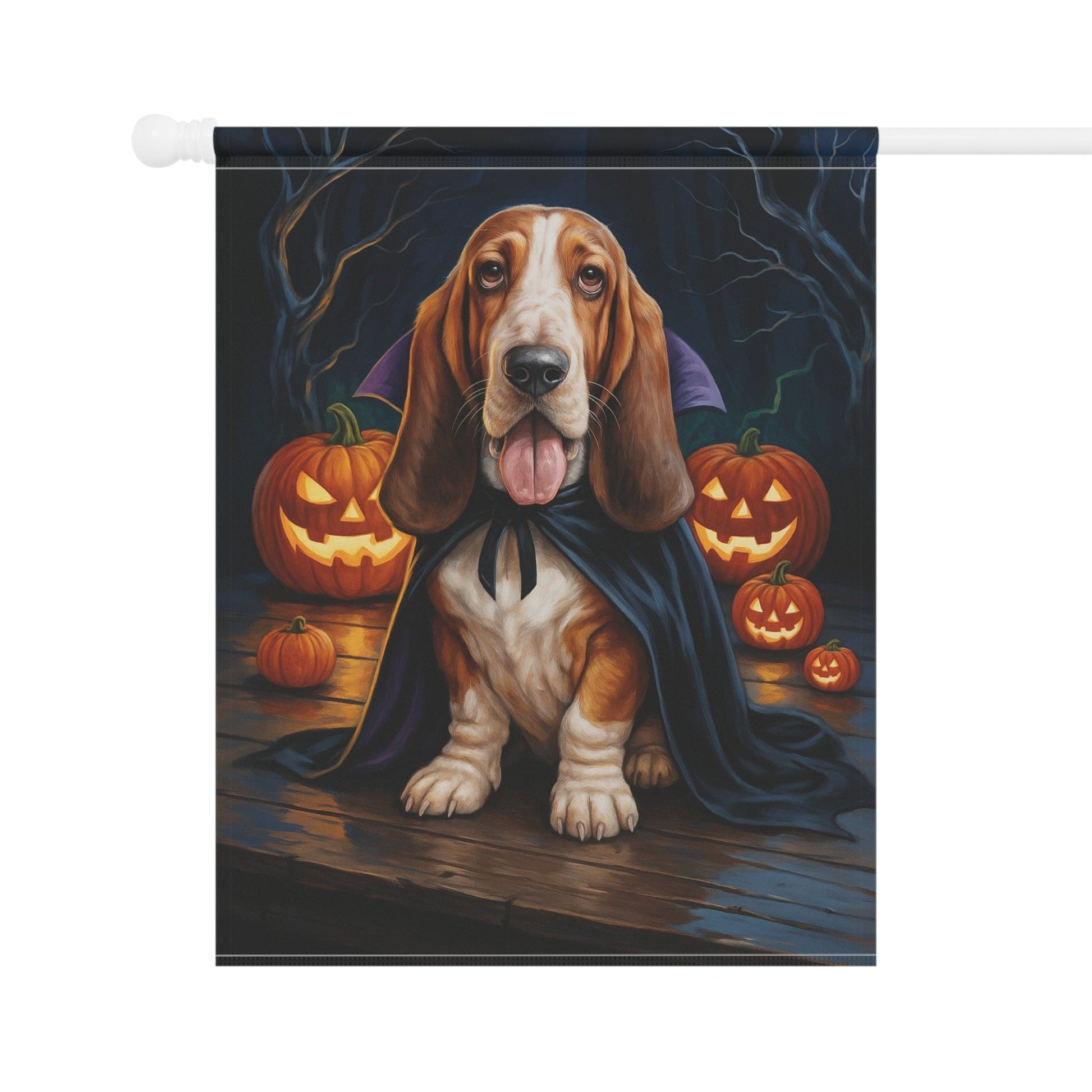 Printify Home Decor Yard Flag, Halloween Basset Hound Shepherd Dog, Vampire Pumpkins Decor, Garden House Banner, Outdoor Halloween Fall Decoration