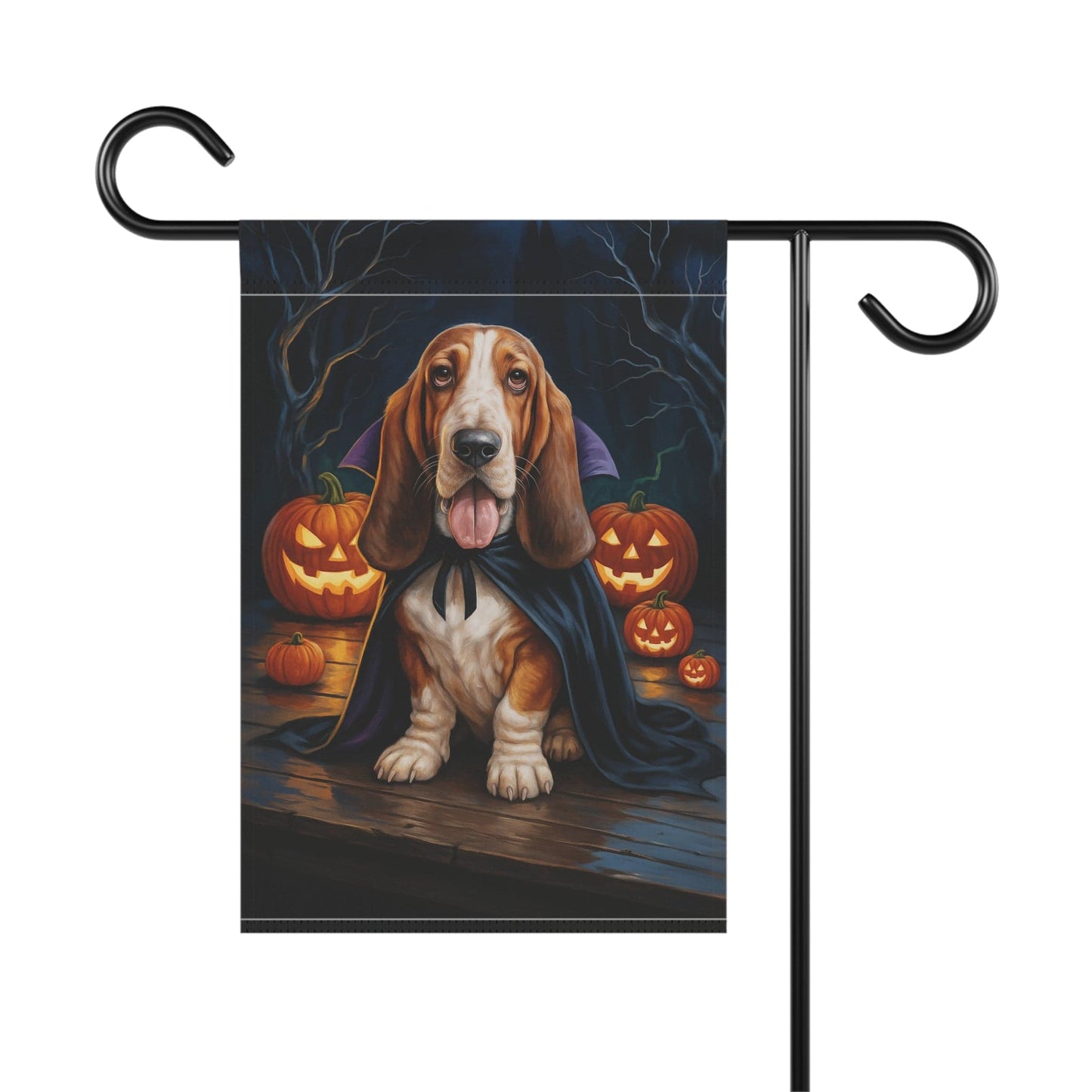 Printify Home Decor Yard Flag, Halloween Basset Hound Shepherd Dog, Vampire Pumpkins Decor, Garden House Banner, Outdoor Halloween Fall Decoration