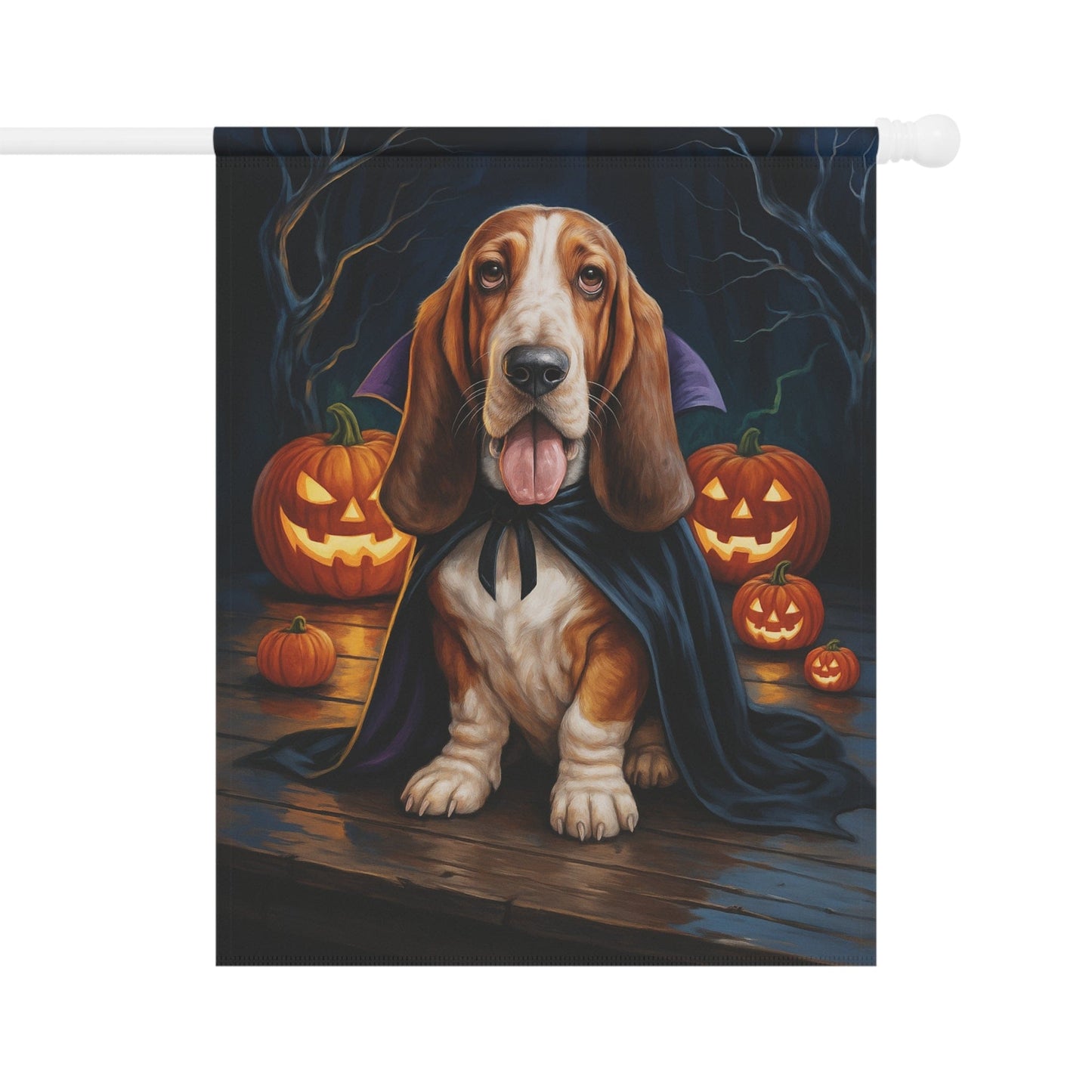 Printify Home Decor 24.5'' × 32'' Yard Flag, Halloween Basset Hound Shepherd Dog, Vampire Pumpkins Decor, Garden House Banner, Outdoor Halloween Fall Decoration