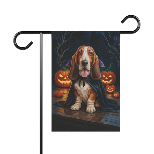 Printify Home Decor 12'' × 18'' Yard Flag, Halloween Basset Hound Shepherd Dog, Vampire Pumpkins Decor, Garden House Banner, Outdoor Halloween Fall Decoration