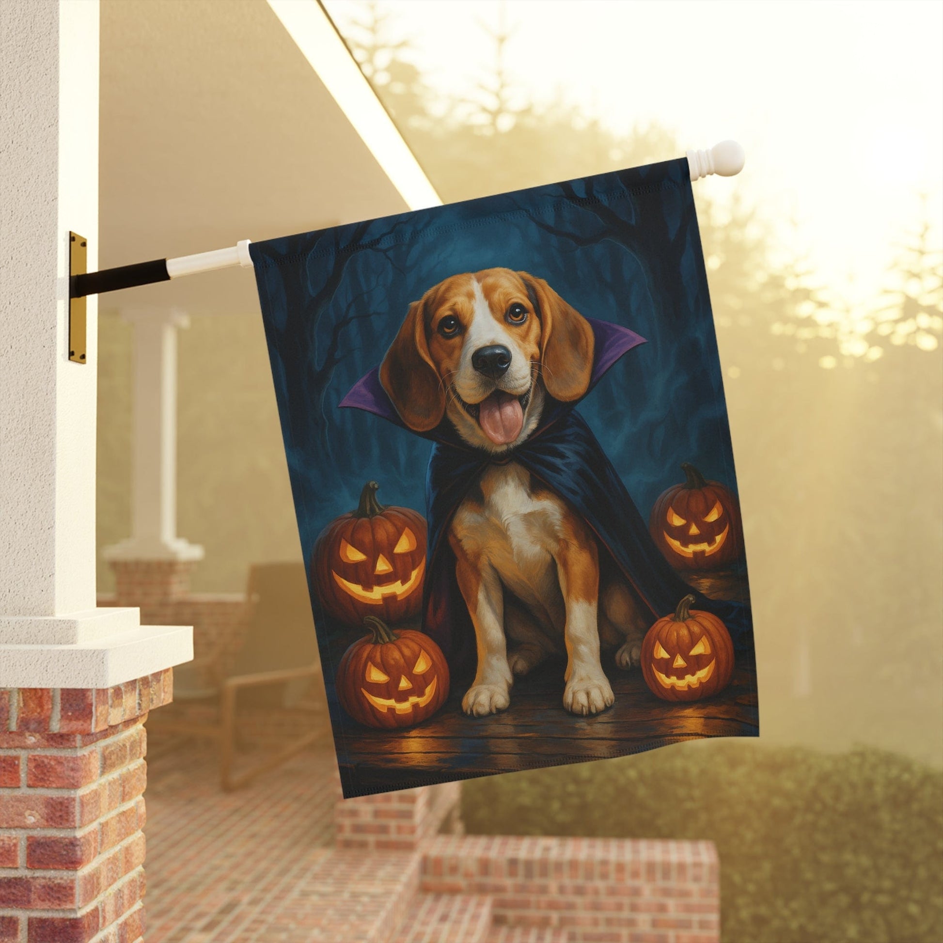 Printify Home Decor Yard Flag, Halloween Beagle Hound Shepherd Dog, Vampire Pumpkins Decor, Garden House Banner, Outdoor Halloween Fall Decoration