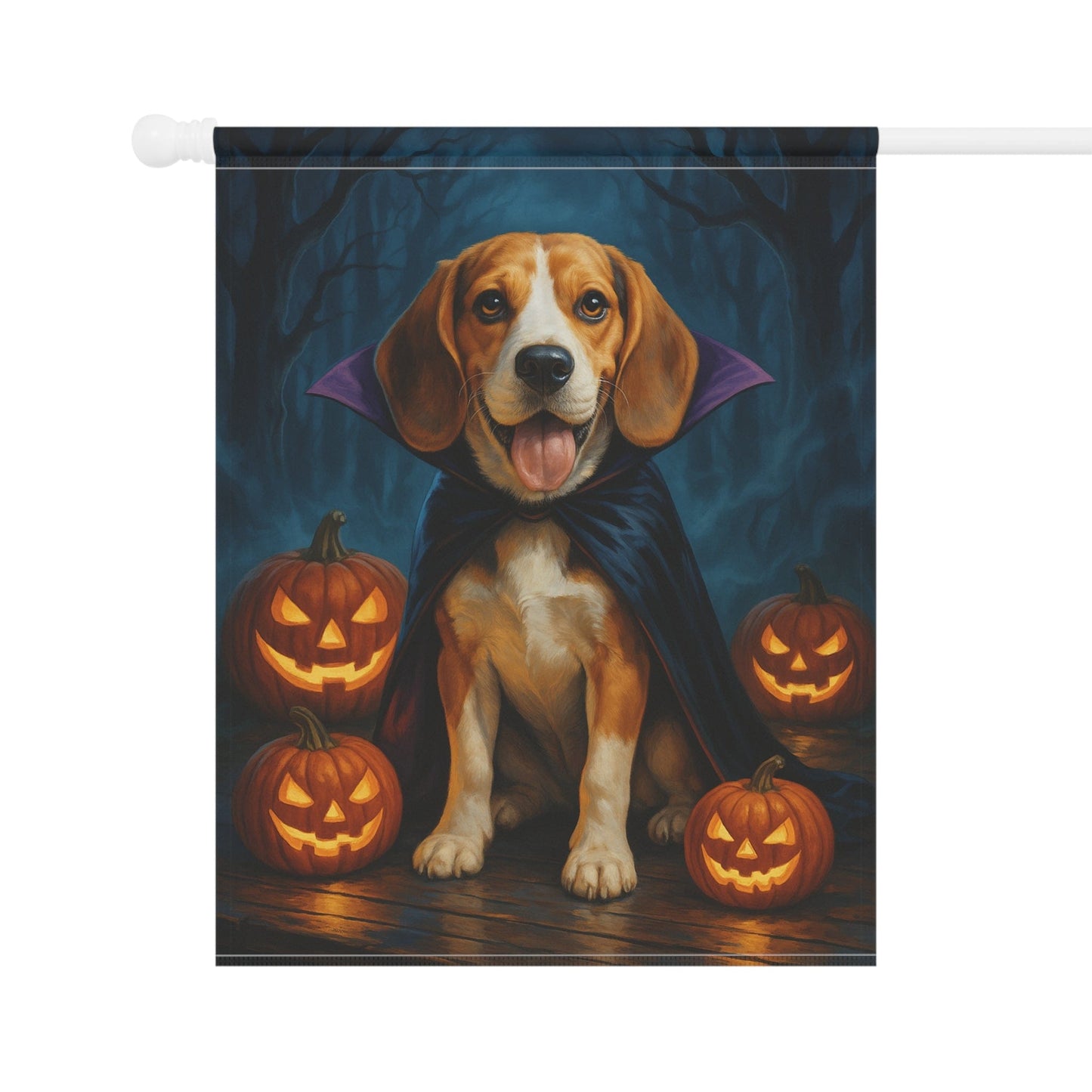 Printify Home Decor Yard Flag, Halloween Beagle Hound Shepherd Dog, Vampire Pumpkins Decor, Garden House Banner, Outdoor Halloween Fall Decoration