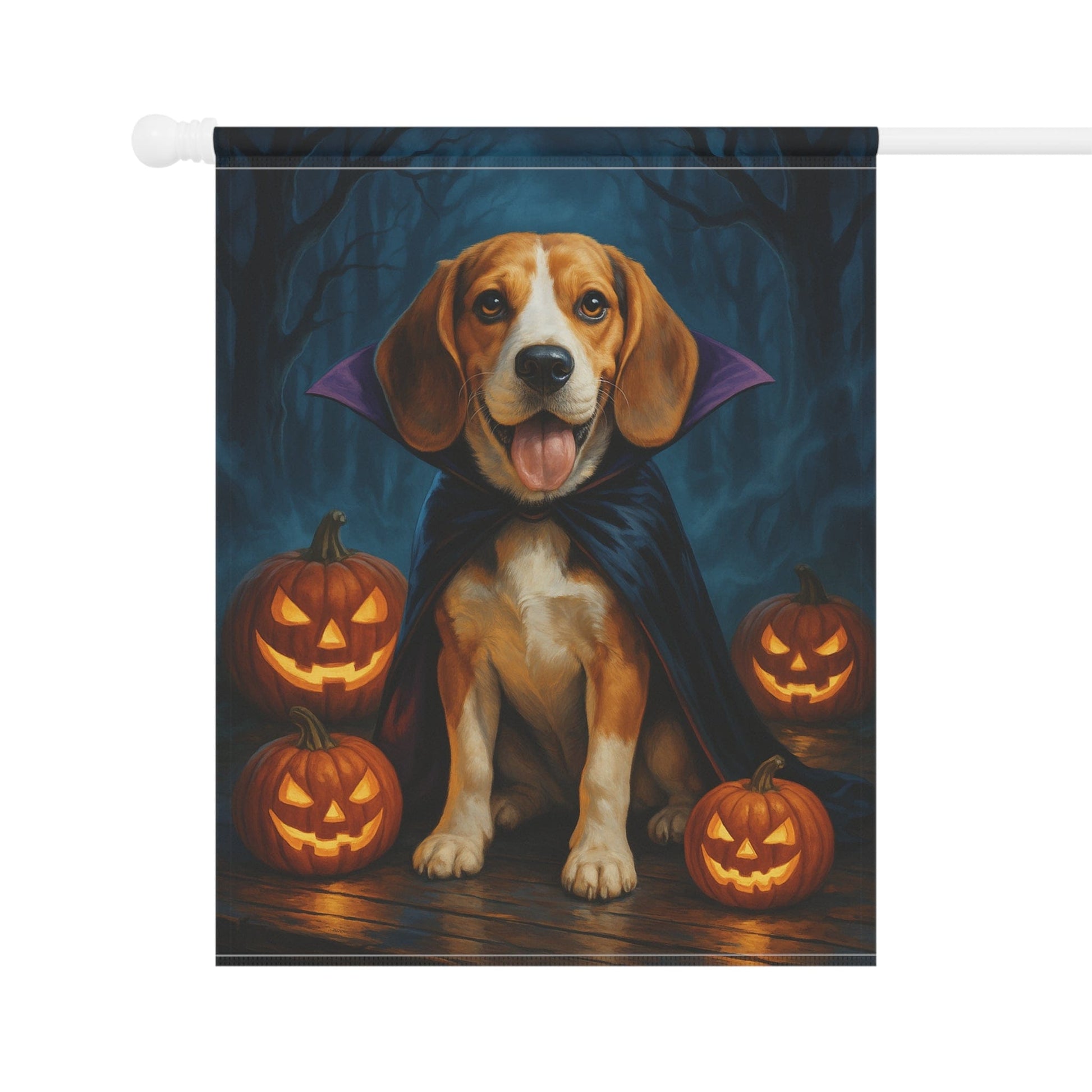 Printify Home Decor Yard Flag, Halloween Beagle Hound Shepherd Dog, Vampire Pumpkins Decor, Garden House Banner, Outdoor Halloween Fall Decoration