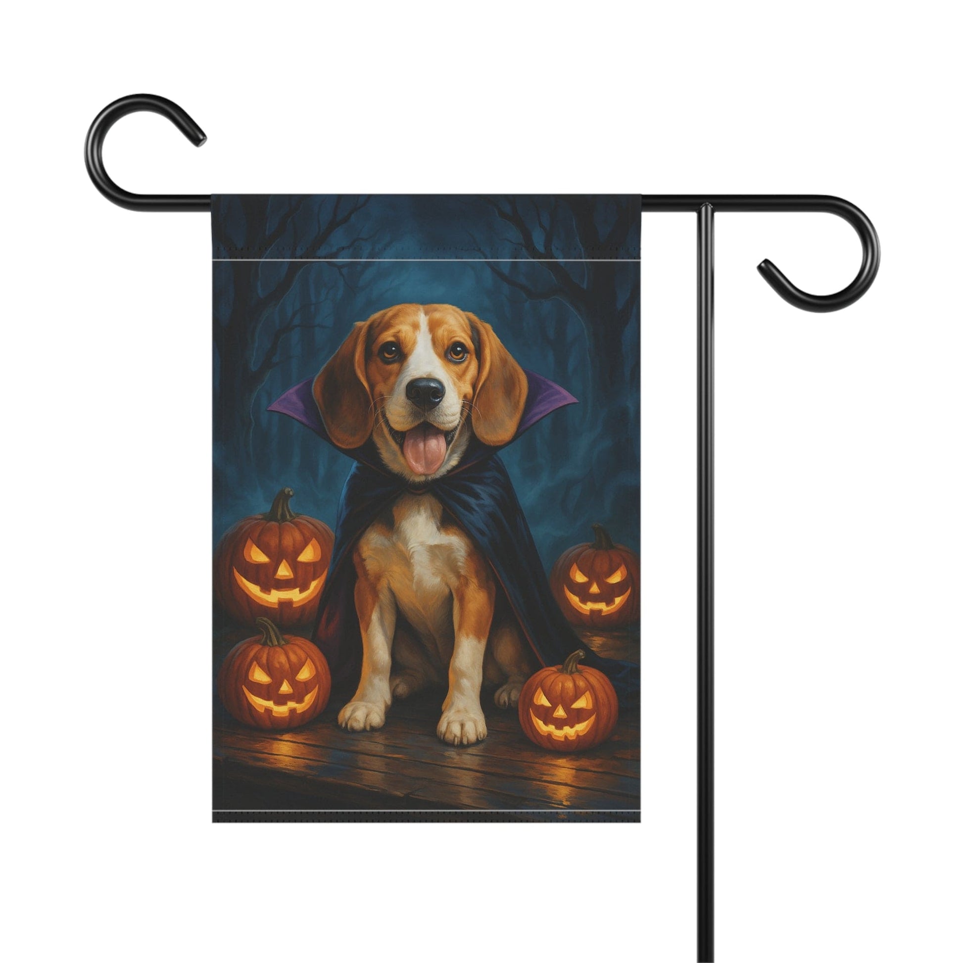 Printify Home Decor Yard Flag, Halloween Beagle Hound Shepherd Dog, Vampire Pumpkins Decor, Garden House Banner, Outdoor Halloween Fall Decoration