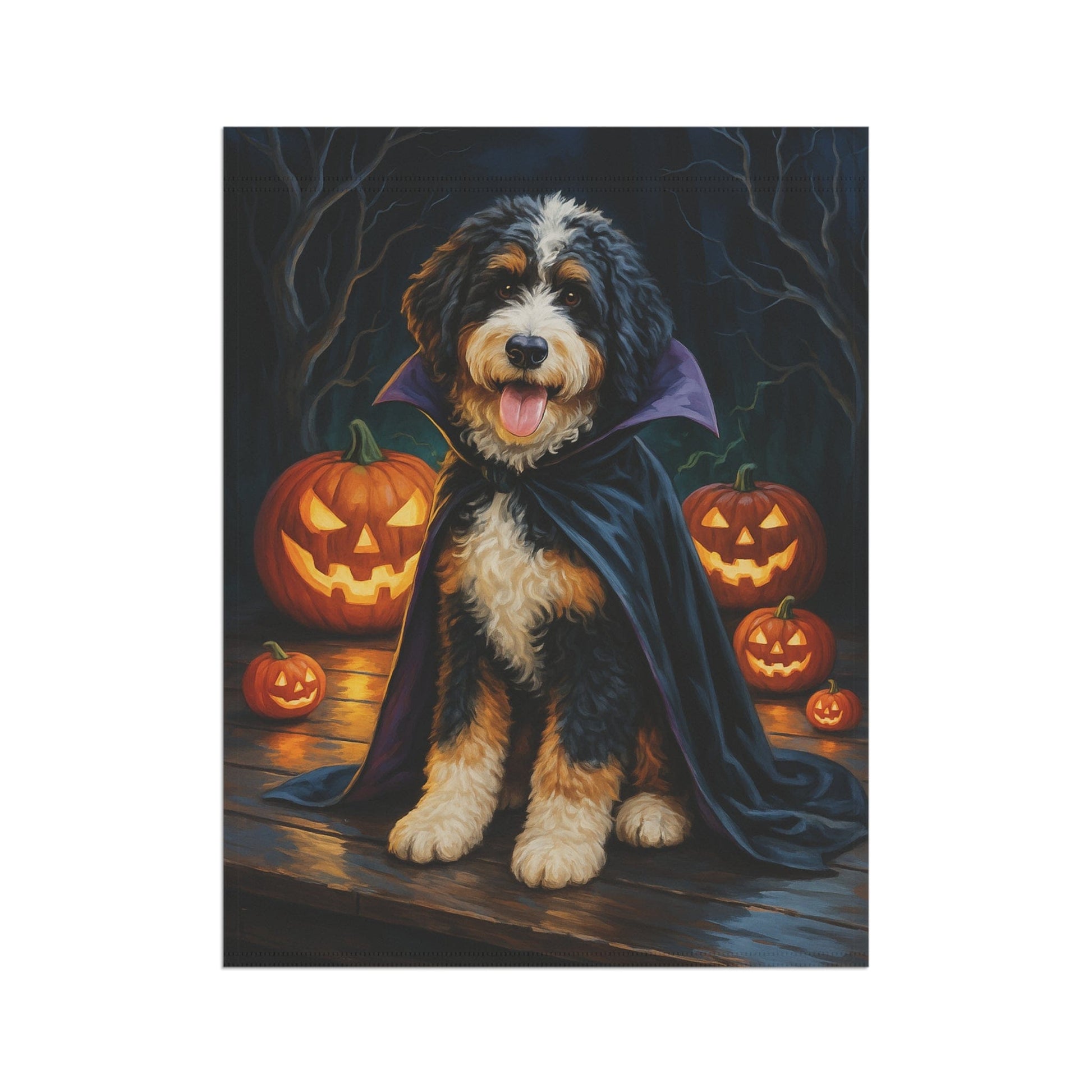 Printify Home Decor Yard Flag, Halloween Bernedoodle Dog, Vampire Pumpkins Decor, Garden House Banner, Outdoor Halloween Fall Decoration, October Yard Art