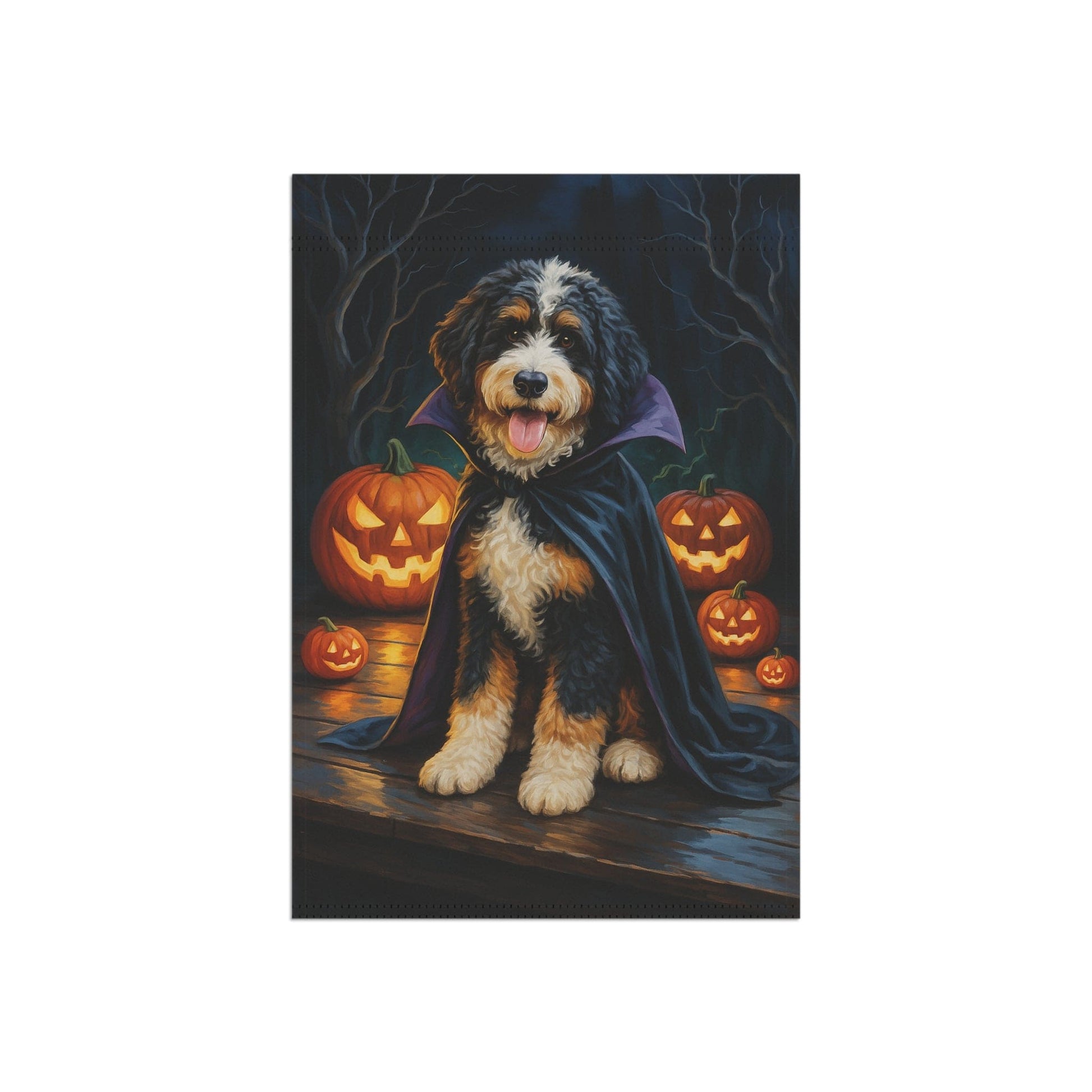 Printify Home Decor Yard Flag, Halloween Bernedoodle Dog, Vampire Pumpkins Decor, Garden House Banner, Outdoor Halloween Fall Decoration, October Yard Art