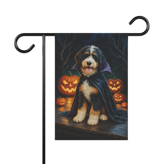 Printify Home Decor 12'' × 18'' Yard Flag, Halloween Bernedoodle Dog, Vampire Pumpkins Decor, Garden House Banner, Outdoor Halloween Fall Decoration, October Yard Art