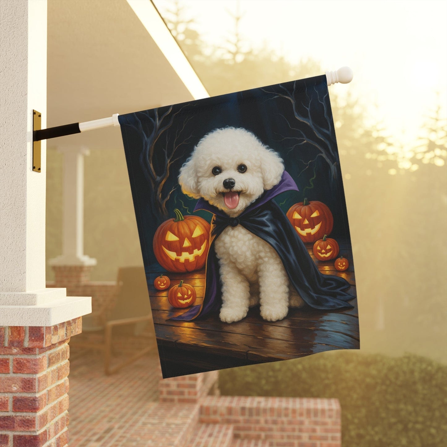 Printify Home Decor Yard Flag, Halloween Bichon Frise Dog, Vampire Pumpkins Decor, Garden House Banner, Outdoor Halloween Fall Decoration, October Yard Art
