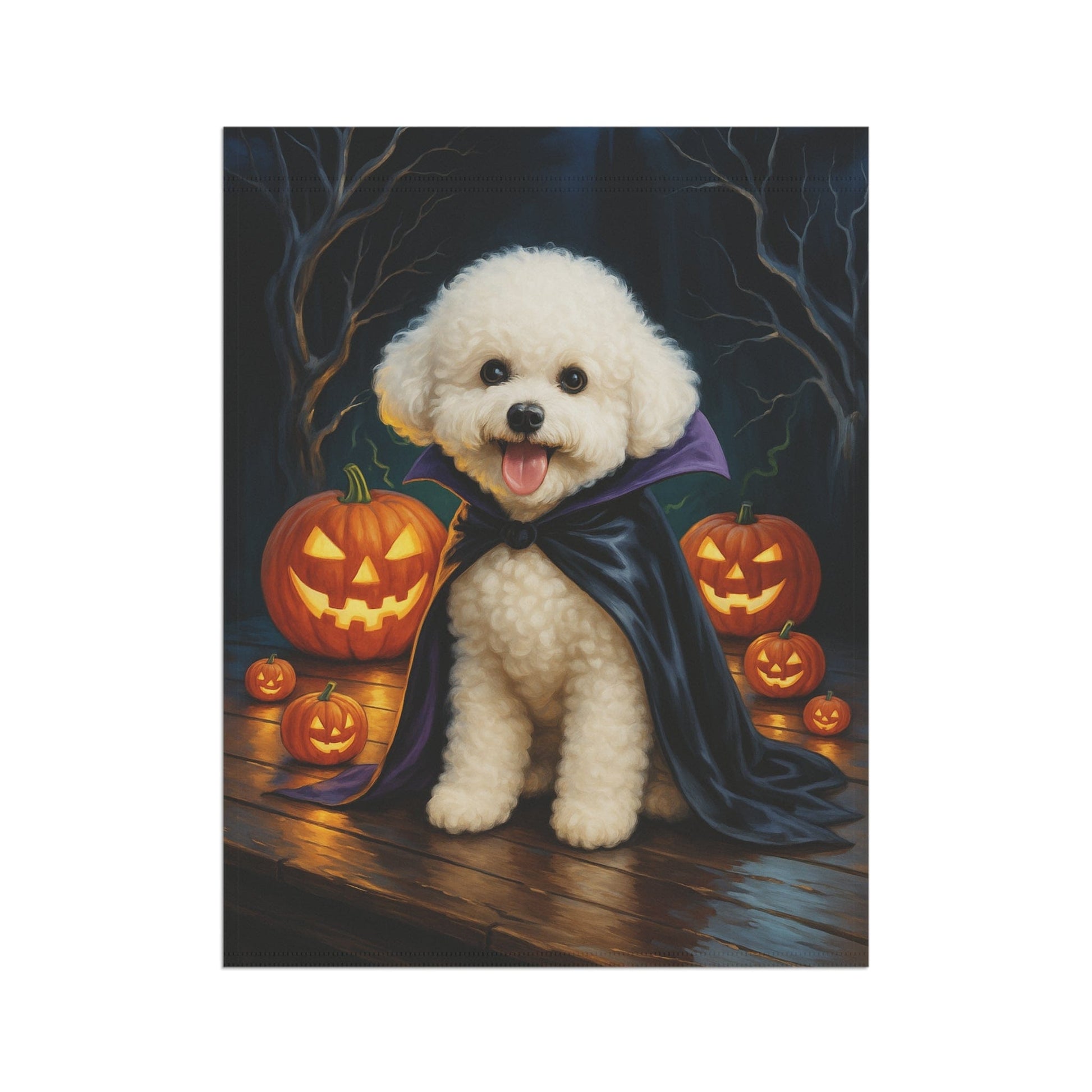 Printify Home Decor Yard Flag, Halloween Bichon Frise Dog, Vampire Pumpkins Decor, Garden House Banner, Outdoor Halloween Fall Decoration, October Yard Art