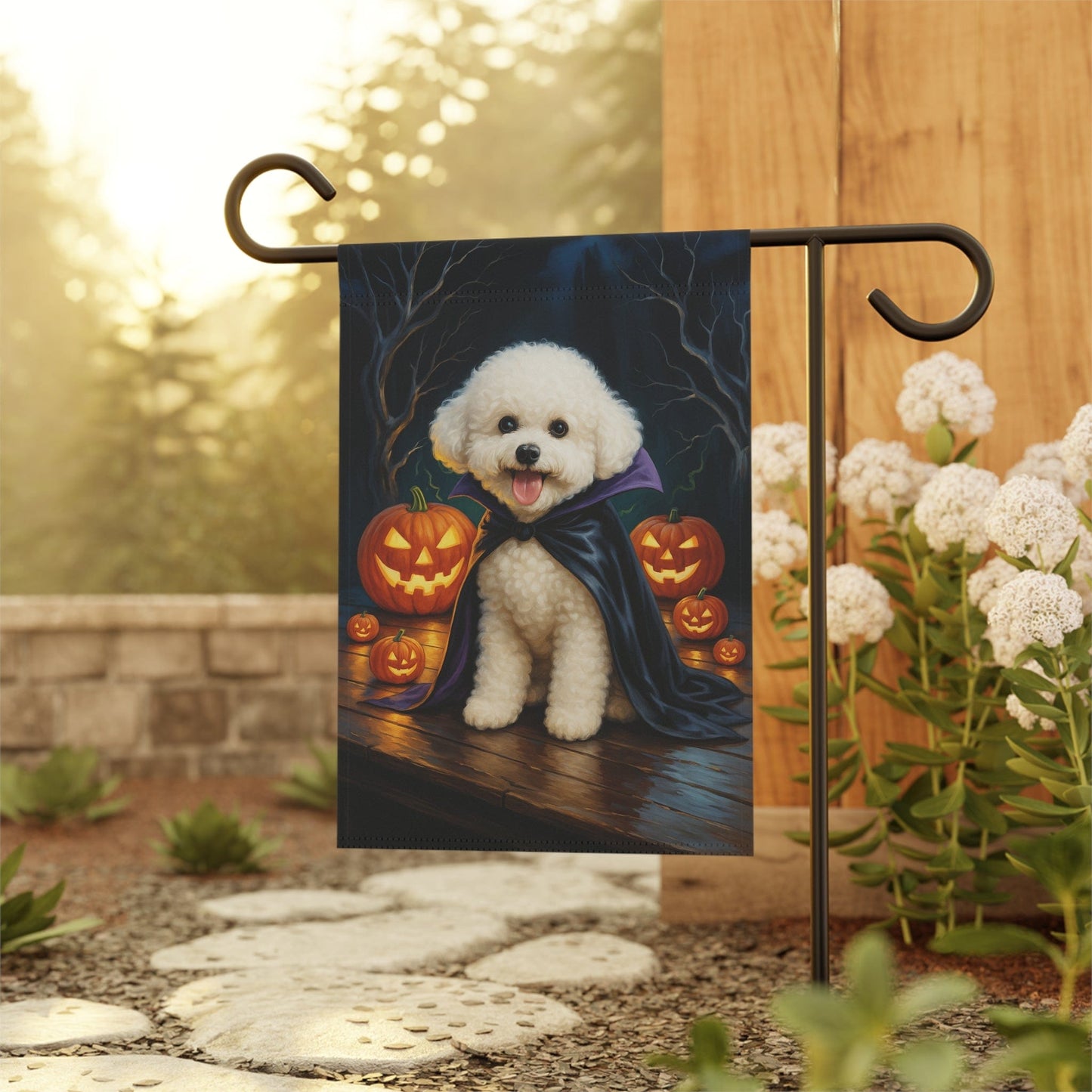Printify Home Decor Yard Flag, Halloween Bichon Frise Dog, Vampire Pumpkins Decor, Garden House Banner, Outdoor Halloween Fall Decoration, October Yard Art