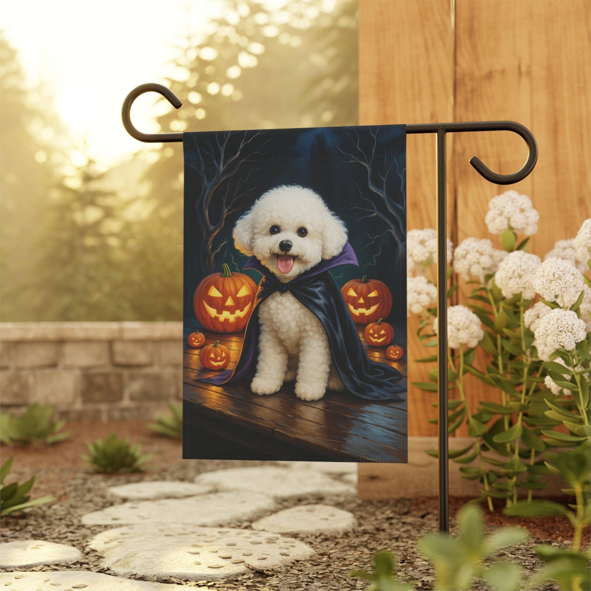 Printify Home Decor Yard Flag, Halloween Bichon Frise Dog, Vampire Pumpkins Decor, Garden House Banner, Outdoor Halloween Fall Decoration, October Yard Art