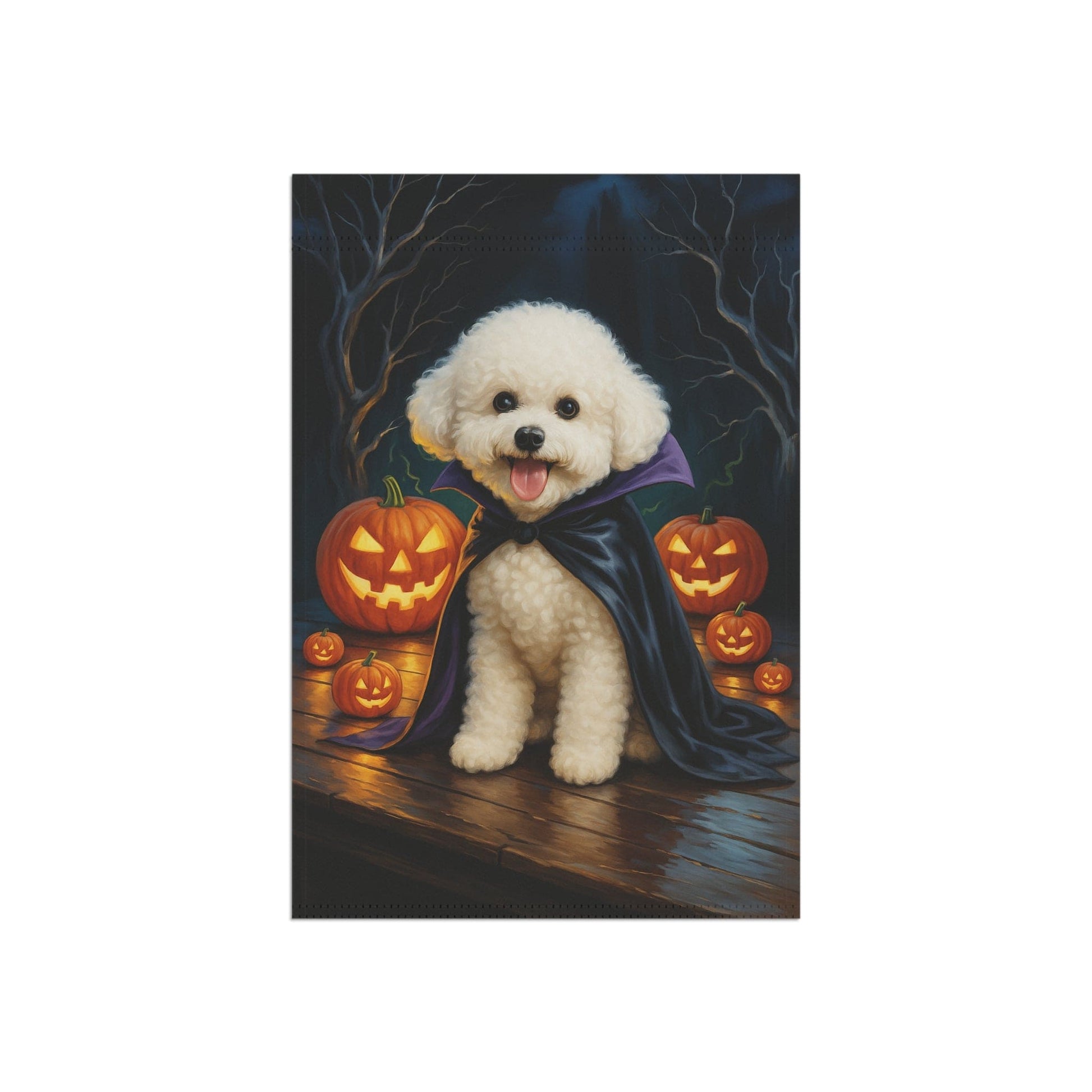 Printify Home Decor Yard Flag, Halloween Bichon Frise Dog, Vampire Pumpkins Decor, Garden House Banner, Outdoor Halloween Fall Decoration, October Yard Art
