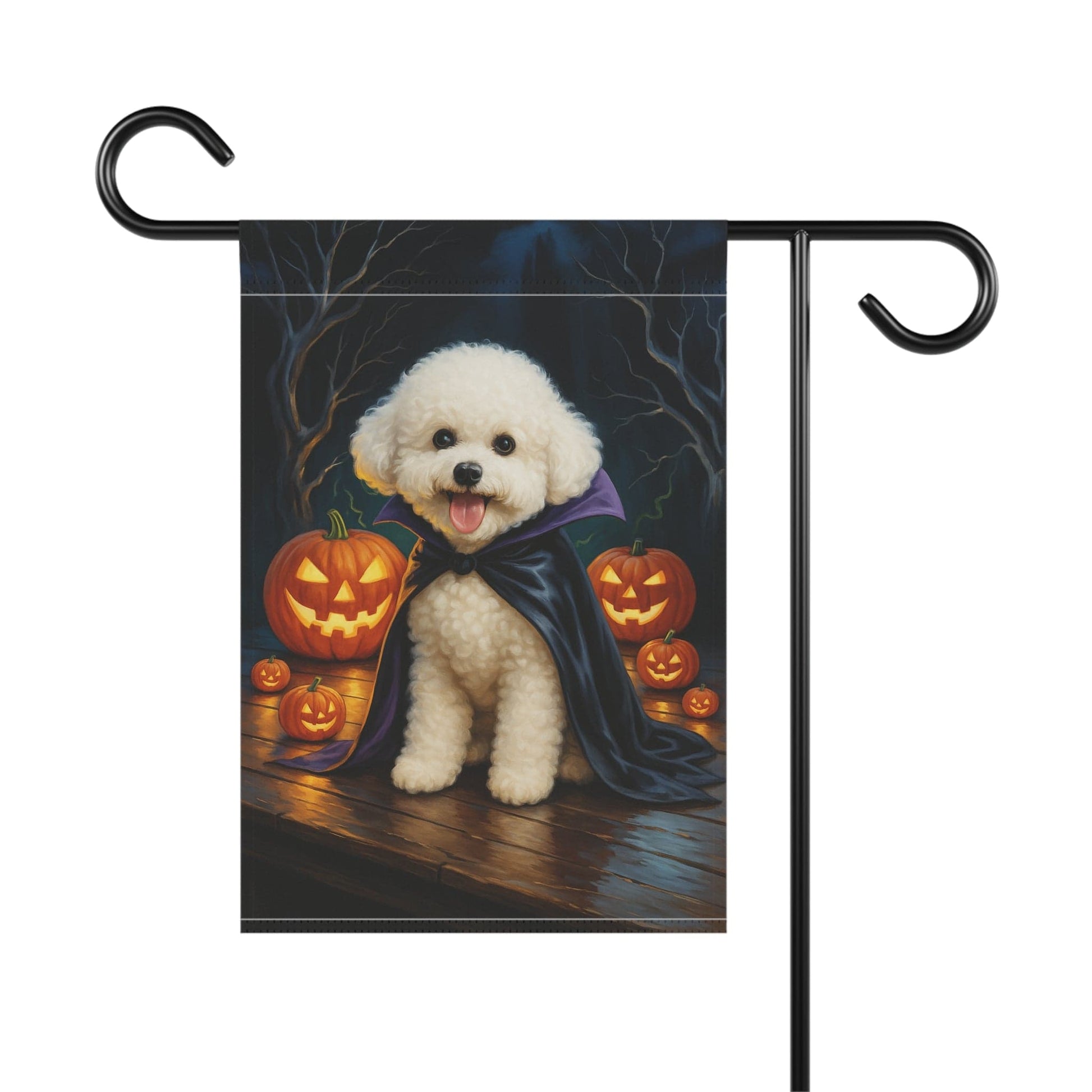 Printify Home Decor Yard Flag, Halloween Bichon Frise Dog, Vampire Pumpkins Decor, Garden House Banner, Outdoor Halloween Fall Decoration, October Yard Art