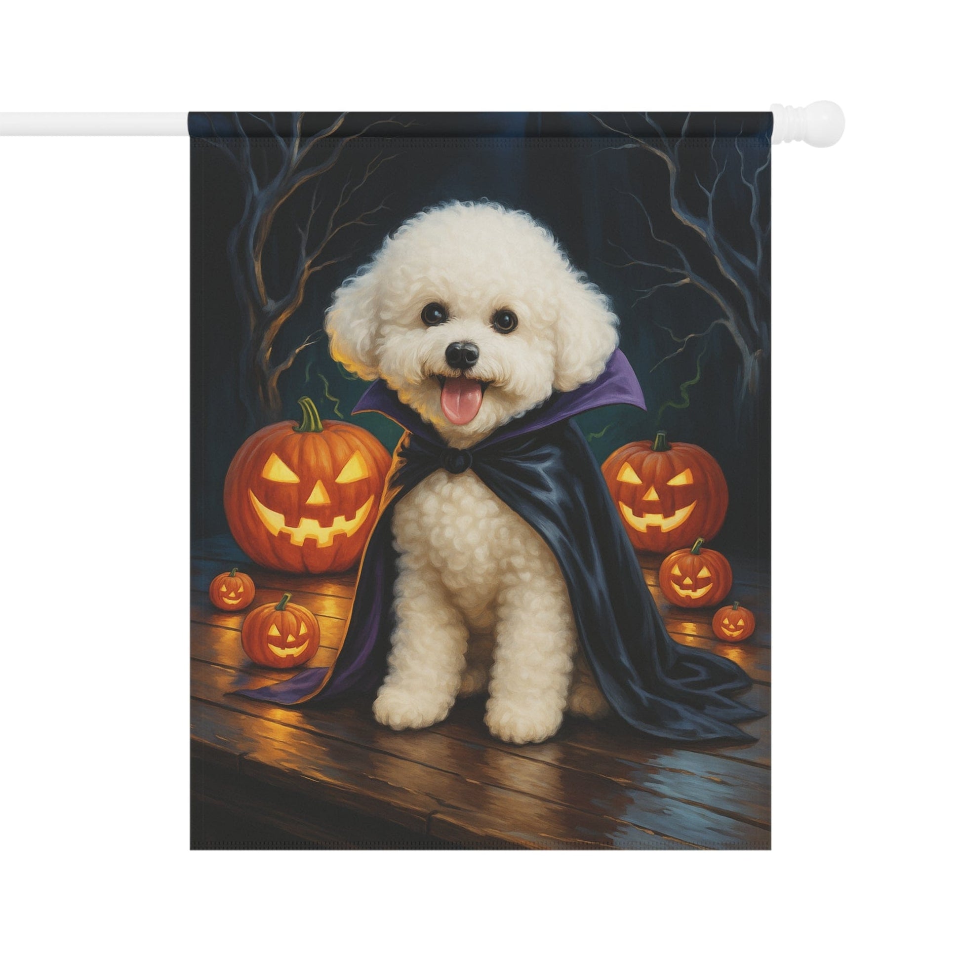 Printify Home Decor 24.5'' × 32'' Yard Flag, Halloween Bichon Frise Dog, Vampire Pumpkins Decor, Garden House Banner, Outdoor Halloween Fall Decoration, October Yard Art