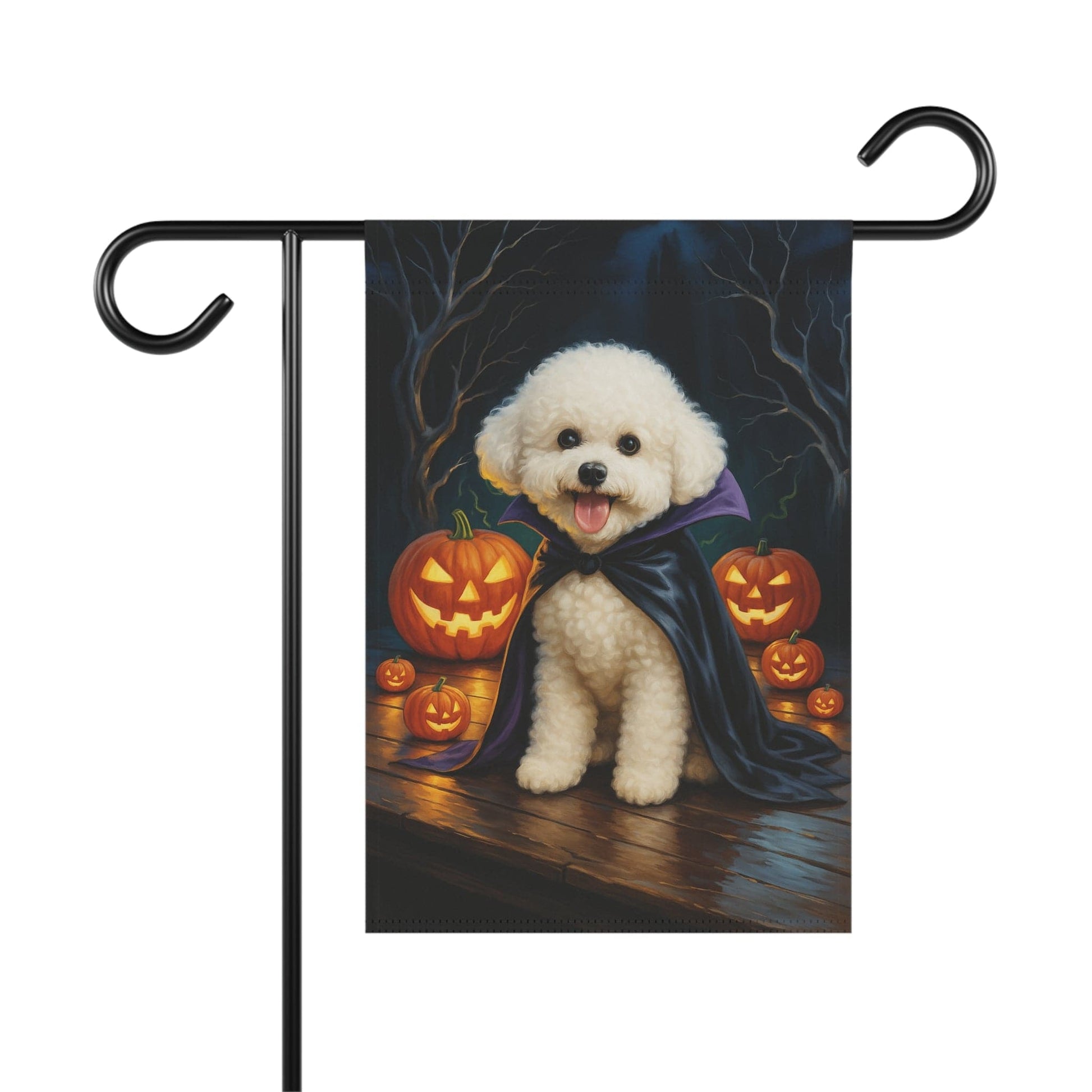 Printify Home Decor 12'' × 18'' Yard Flag, Halloween Bichon Frise Dog, Vampire Pumpkins Decor, Garden House Banner, Outdoor Halloween Fall Decoration, October Yard Art