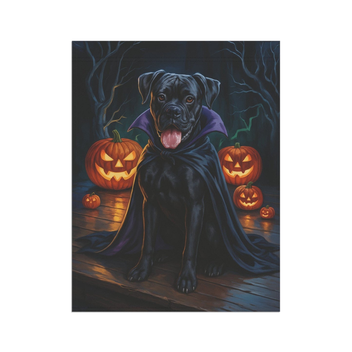 Printify Home Decor Yard Flag, Halloween Black Boxer Dog, Vampire Pumpkins Decor, Garden House Banner, Outdoor Halloween Fall Decoration, October Yard Art